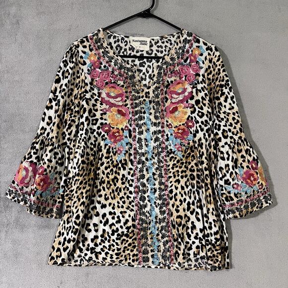 SAVANNA JANE Embroidered Top Ruffled Sleeve Size S Boho Hippie Festival Retro - Picture 1 of 8